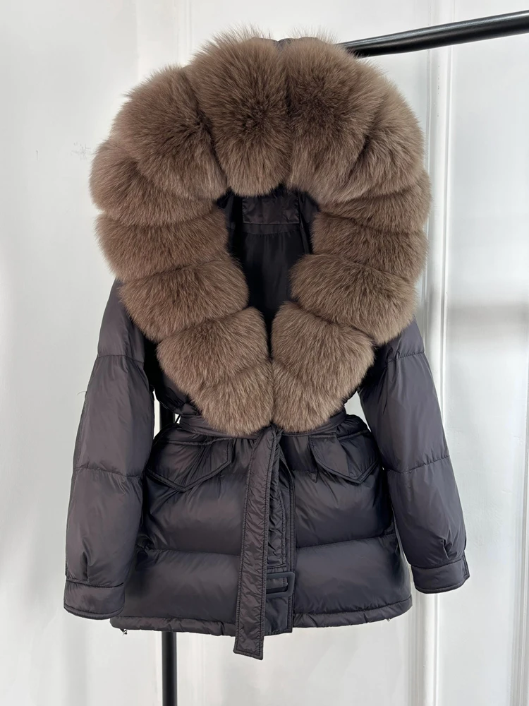 Lagabogy 2025 Thick Warm Mid-Long Puffer Coat Real Fox Fur Collar White Duck Down Coat Female Loose Warm Hooded Parkas With Belt