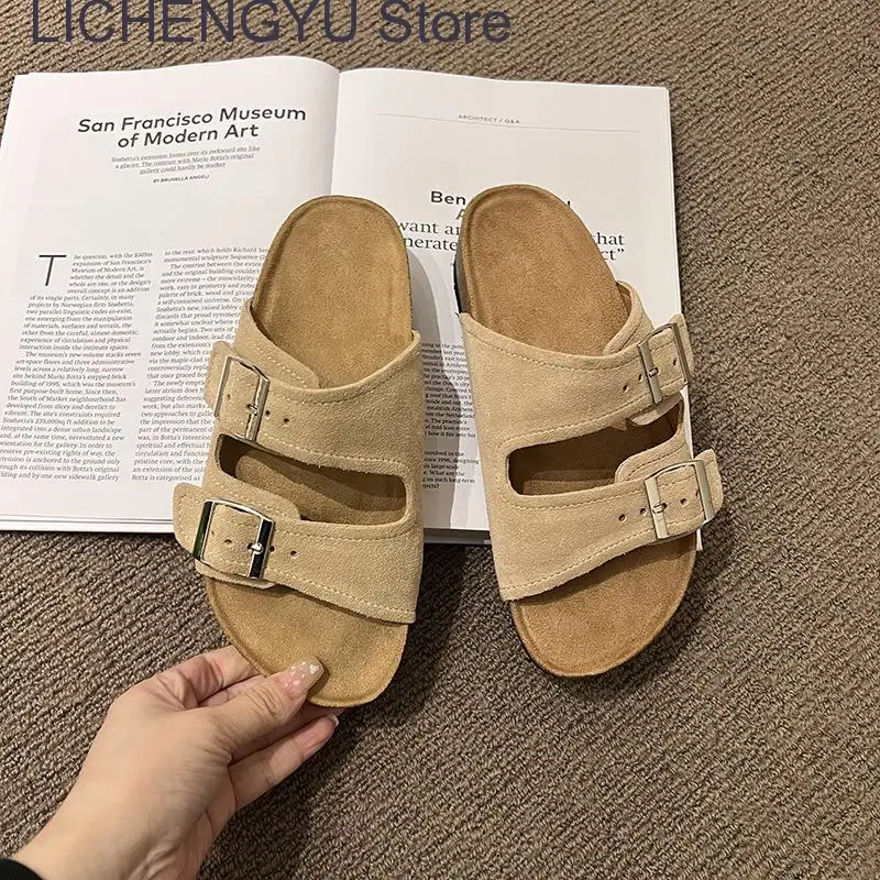 New Summer Women Cork Slipper Casual Beach Double Buckle Non-slip Outside Slip on Slides Shoe