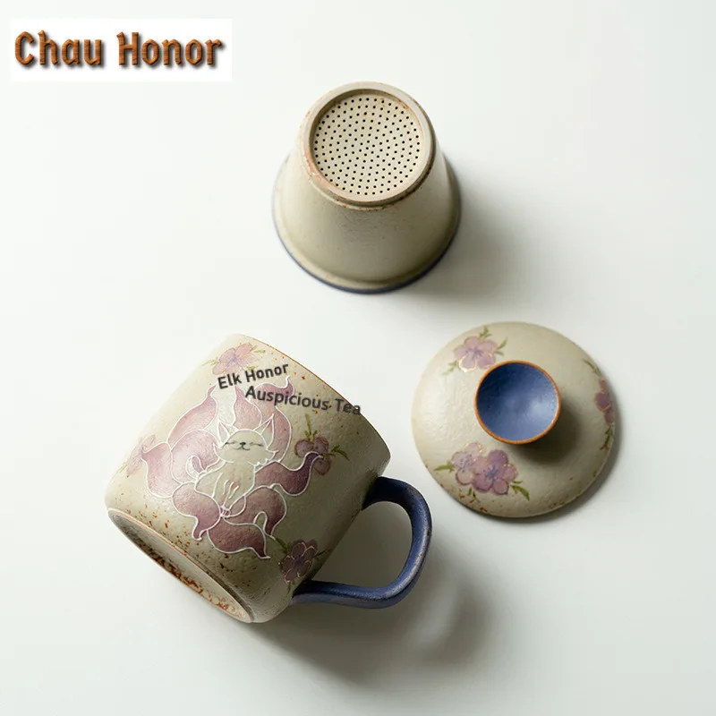 430ml Pure Hand-drawn Nine-tailed Fox Filter Tea Separator Cup Ancient Tea Mug with Infuser Tea Maker Office Water Cup Craft