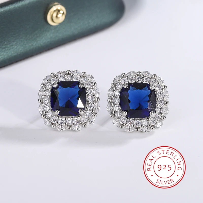 925 Silver Plated Earrings for Women  Shiny AAAA Blue Zircon Earrings Stylish Sterling Silver Jewelry Anniversary Gift Earring