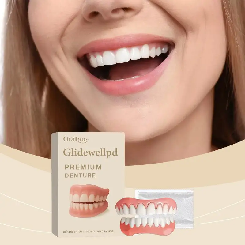 1세트 안전 실리콘 상하악 베니어 풀 덴쳐 가짜 치아 완벽한 웃음 베니어 틀니 페이스트 가짜 치아 여성 남성용