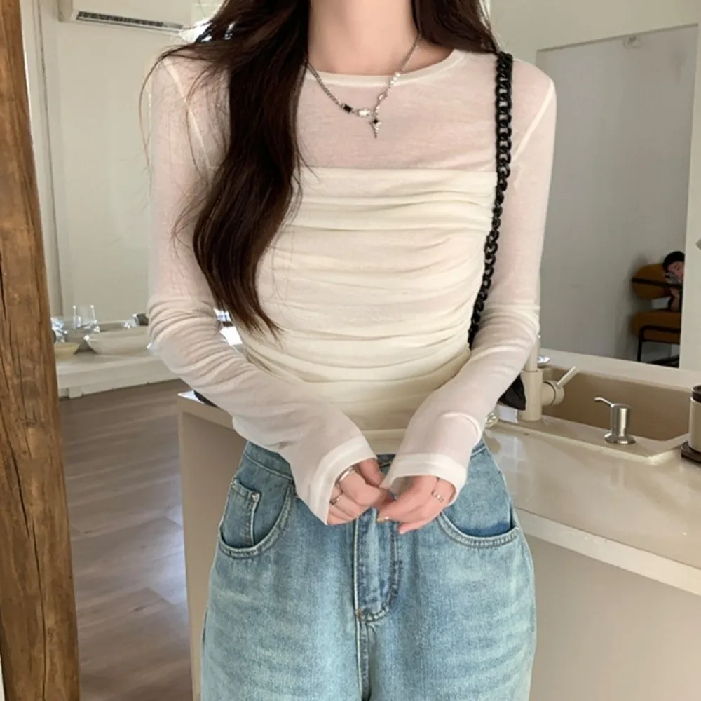 Description Picture 4 of itemLong Sleeve Slim Long Sleeve T-shirt Streetwear Wrinkle Shape Women Thin Tops Versatile Slim Fit Korean Style Crop Top Party