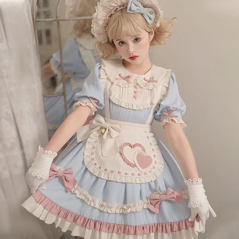 

Summer Op Short Sleeve Maid Dress Cute Lolita Dresses Harujuku Goth Baby Blue Kawaii Skirts Soft Lolita Clothing