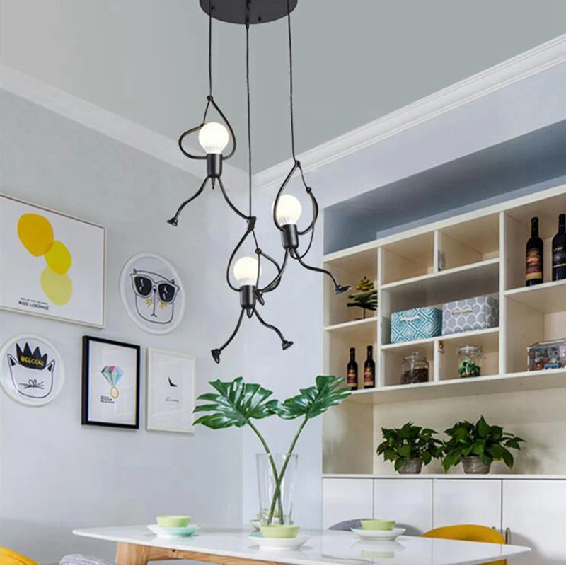 LED Chandelier Vintage Modern Little Man Ceiling Lamp Children's Room Bedroom Decor Black E27 Pendant Light