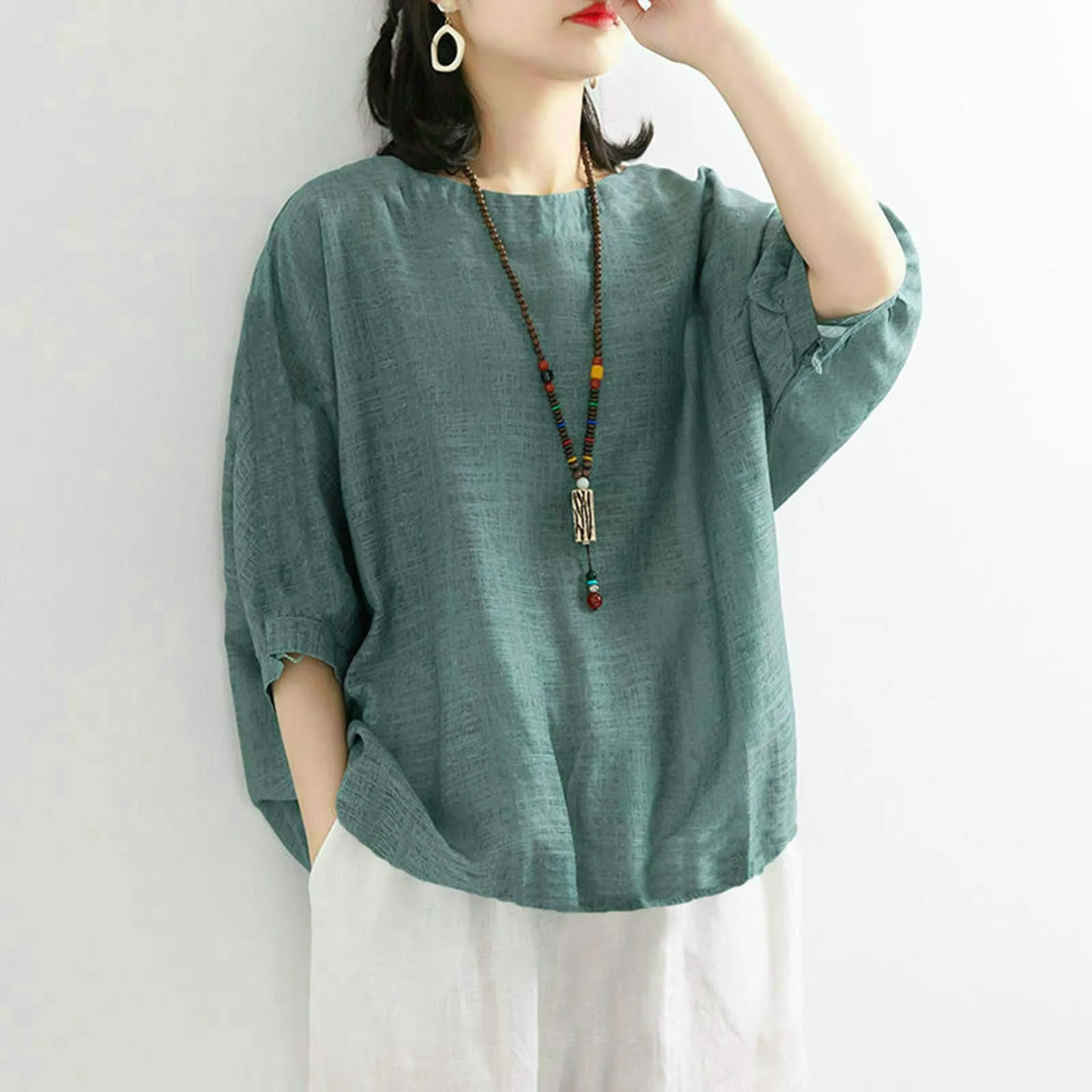 

Cotton Linen Shirts Women's Tops And Blouses Loose Fit Short Sleeve Summer Casual Crewneck Loose Shirt Vintage Boho Beach Wear