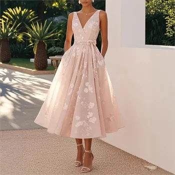 Summer Elegant Evening Party Dress 2025 Sexy V-neck Sleeveless Lace-up Chic Pleated Dresses Boho Womens A-Line Prom Dress Robe 1