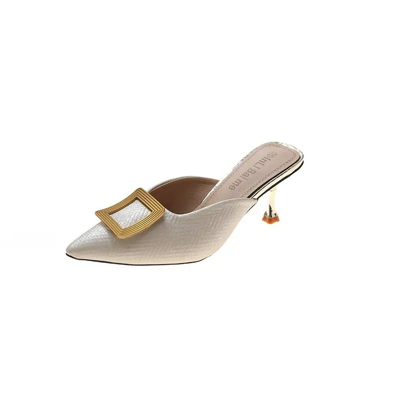 Baotou – pantoufles à boucle carrée en métal pour femmes, nouveau Style d'été, sandales à talons aiguilles pointues à la mode_voghion.com