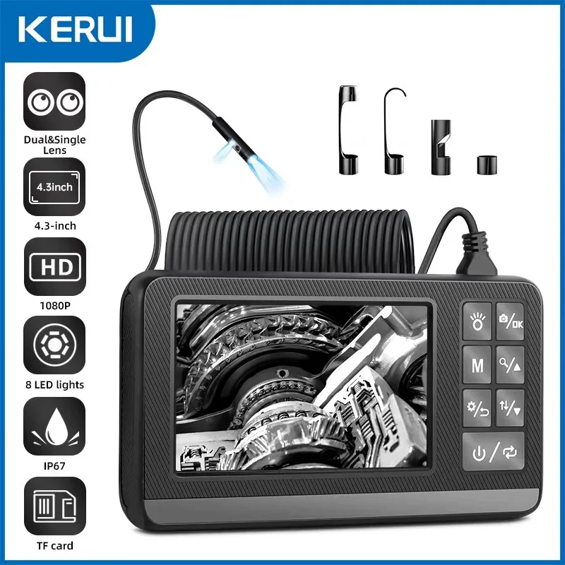 KERUI Dual Lens Industrial Endoscope Inspection Camera 4.3" LCD With Light HD 1080P IP67 Waterproof Borescope LED Sewer Car 1