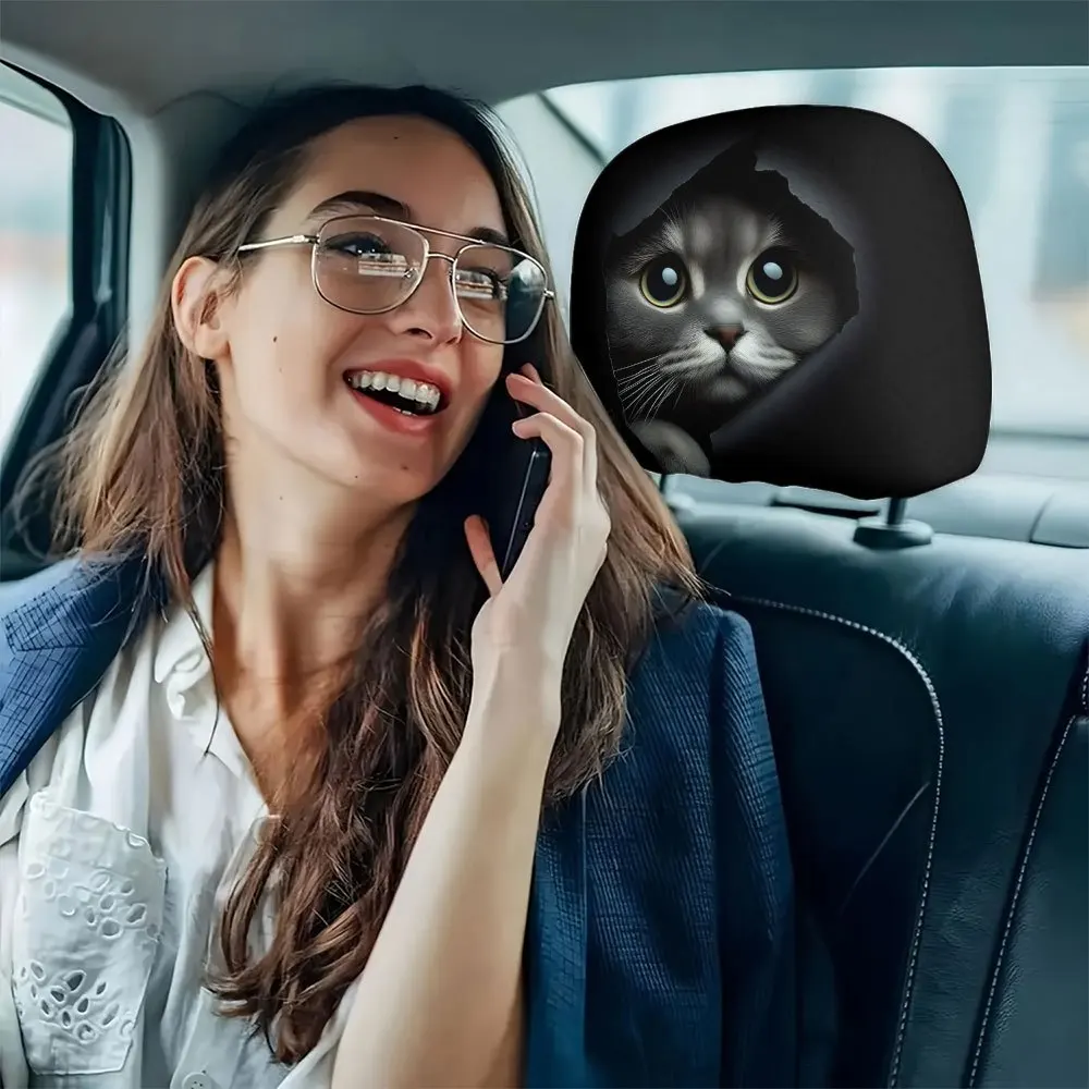 2-teilige realistische Auto-Kopfstützenabdeckungen mit süßen Katzen, die ihr Gesesicht zeigen, unverzichtbar für lange Reisen, waschbar und dehnbar – Detail 6