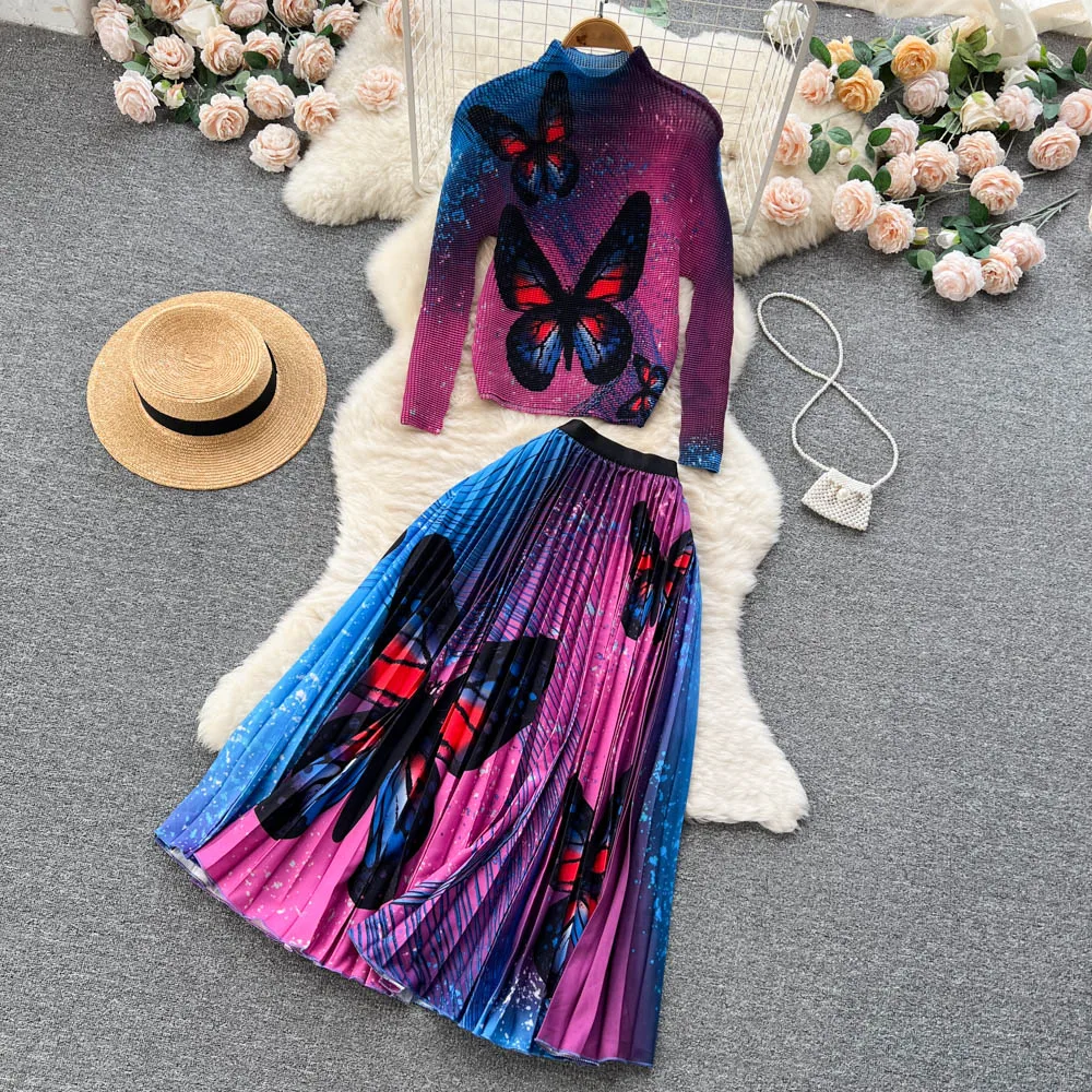 

2023 new fashion print two-piece women's elastic top + pleated skirt suit
