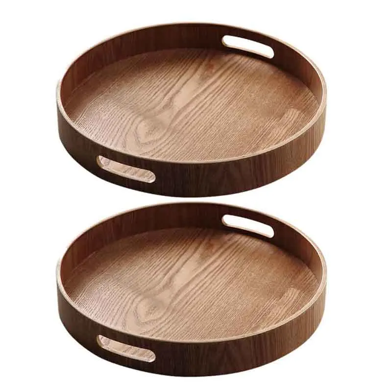 

2x Round Serving Bamboo Wooden Tray for Dinner Trays Tea Bar Breakfast Food Container Handle Storage Tray 3 & 1