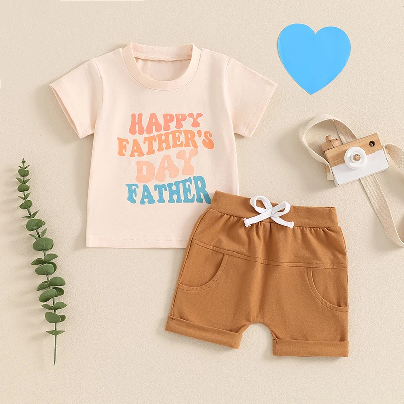 

2024-04-02 lioraitiin Toddler Baby Girl Boy Father's Day Outfit Letter Print Short Sleeve T-Shirt and Elastic Shorts Clothes Set