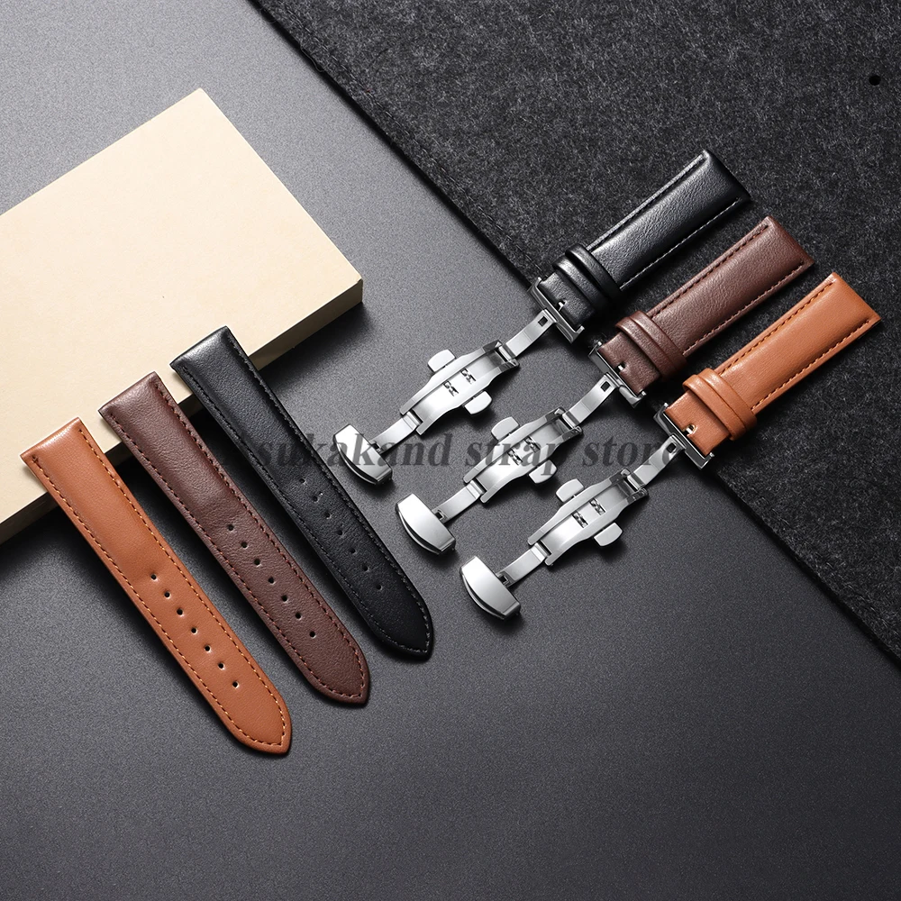Premium Genuine Leather Watch Band with Butterfly Clasp - Brown & Black Bracelet Strap
