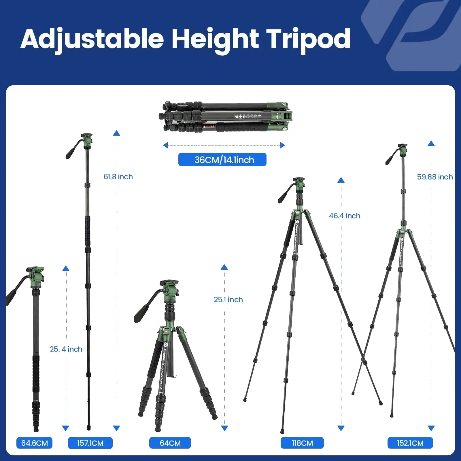Fotopro 59" Carbon Fiber Travel Tripod Compact Video Tripods Detachable Monopod for Camera X-GO E2