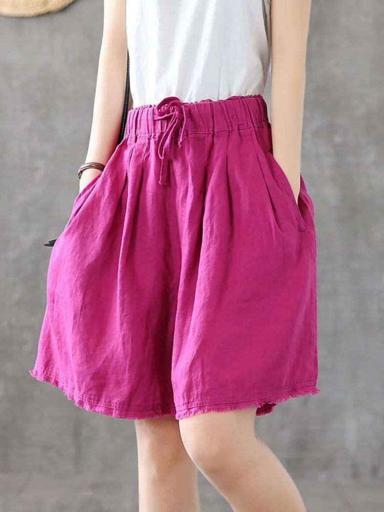 

Women's Oversize Shorts White Cotton Linen Elastic Waist Women's Summer Shorts Drawstring Wide Leg Fashion Shorts for Women 2023