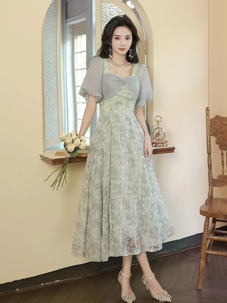 

Romantic Sweetheart Collar Women Bridesmaid Dresses Fashion Puff Sleeve Tea-Length Girls Party Gown Sister Banquet Evening Dress