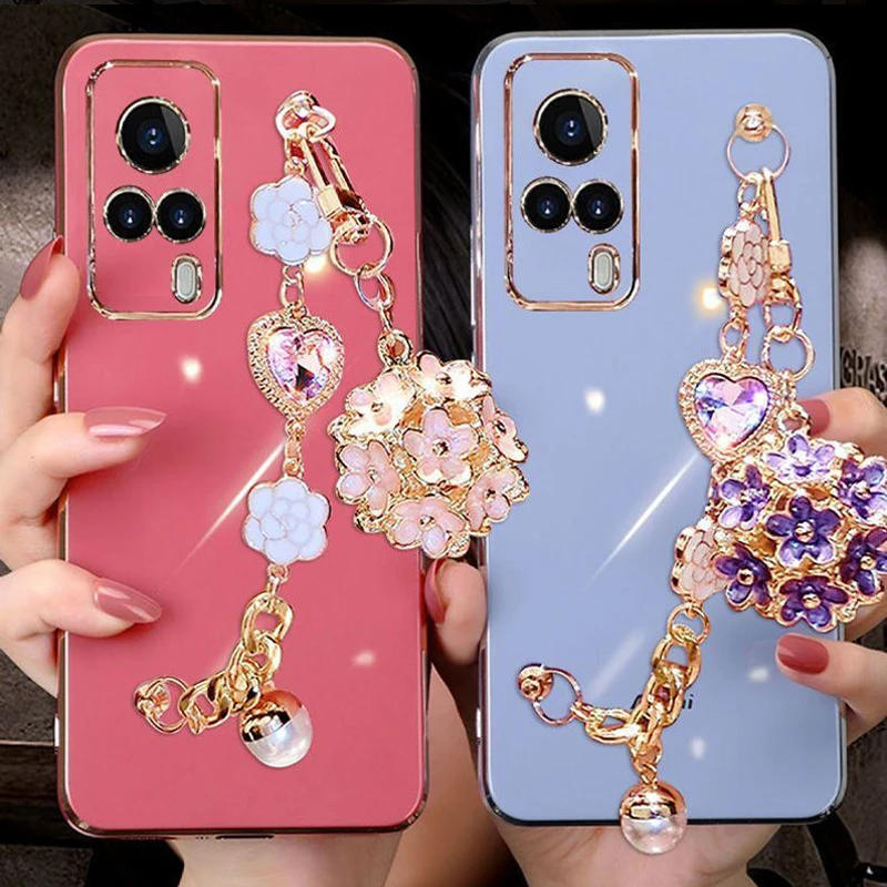 Sparkle Jewel Flower Bracelet Necklace Phone Cases for Samsung S23 Ultra S22 S21 FE S20 A72 A52 A32 S10 Plus A53 Soft Covers Coques