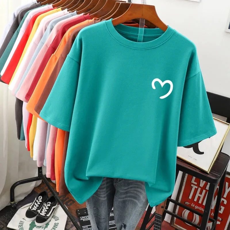 Plus Size 5XL 150KG Summer Cotton T shirt for Women Short Sleeve O Neck Femme Hearted tee Big Tops For Women Loose t shirt