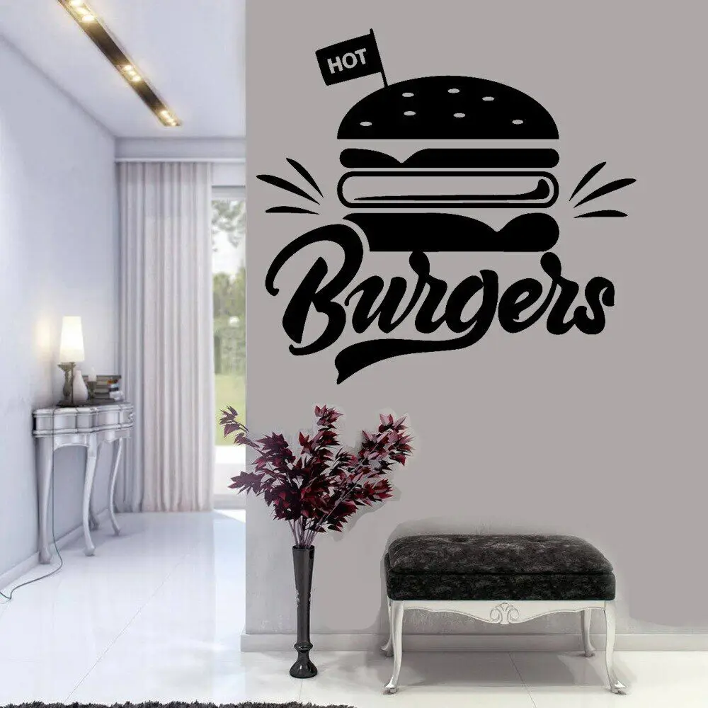 Wall Stickers Kitchen Wall Sticker Hot Burger Wall Sticker for Hamburger Store Fast Food Shop Sign Decal for Kitchen Room Decal Window Sticker Restaurant Sign C340