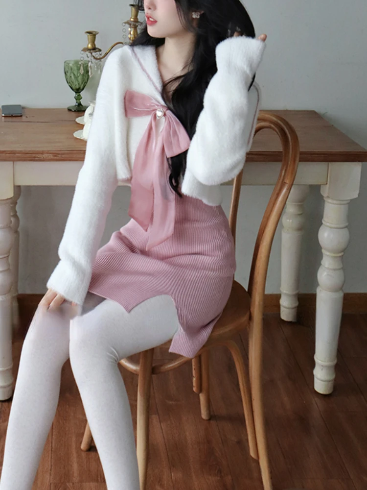 Winter Warm Knitted Two Piece Skirt Set Women Bow Kawaii Fur