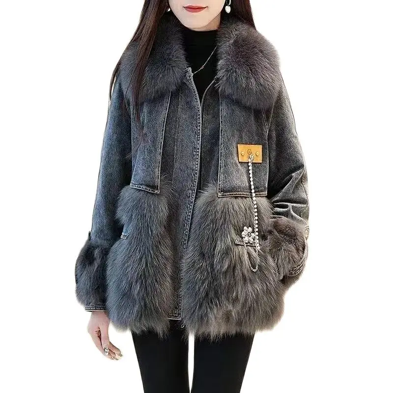 

Winter Fashion Loose Coat Young Women Fox Hair Long Cowboy Imitation Feather College Style Overcomes Online Celebrity Coat Women