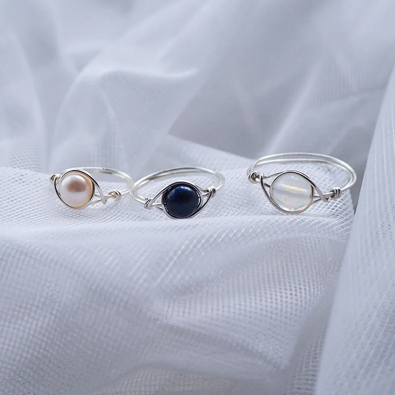 Women Eye Shape Rings Natural Stone Freshwater Pearl Opal Lapis Lazuli Bead Ring Handmade Wire Wrapped Vintage Jewelry Girl Gift