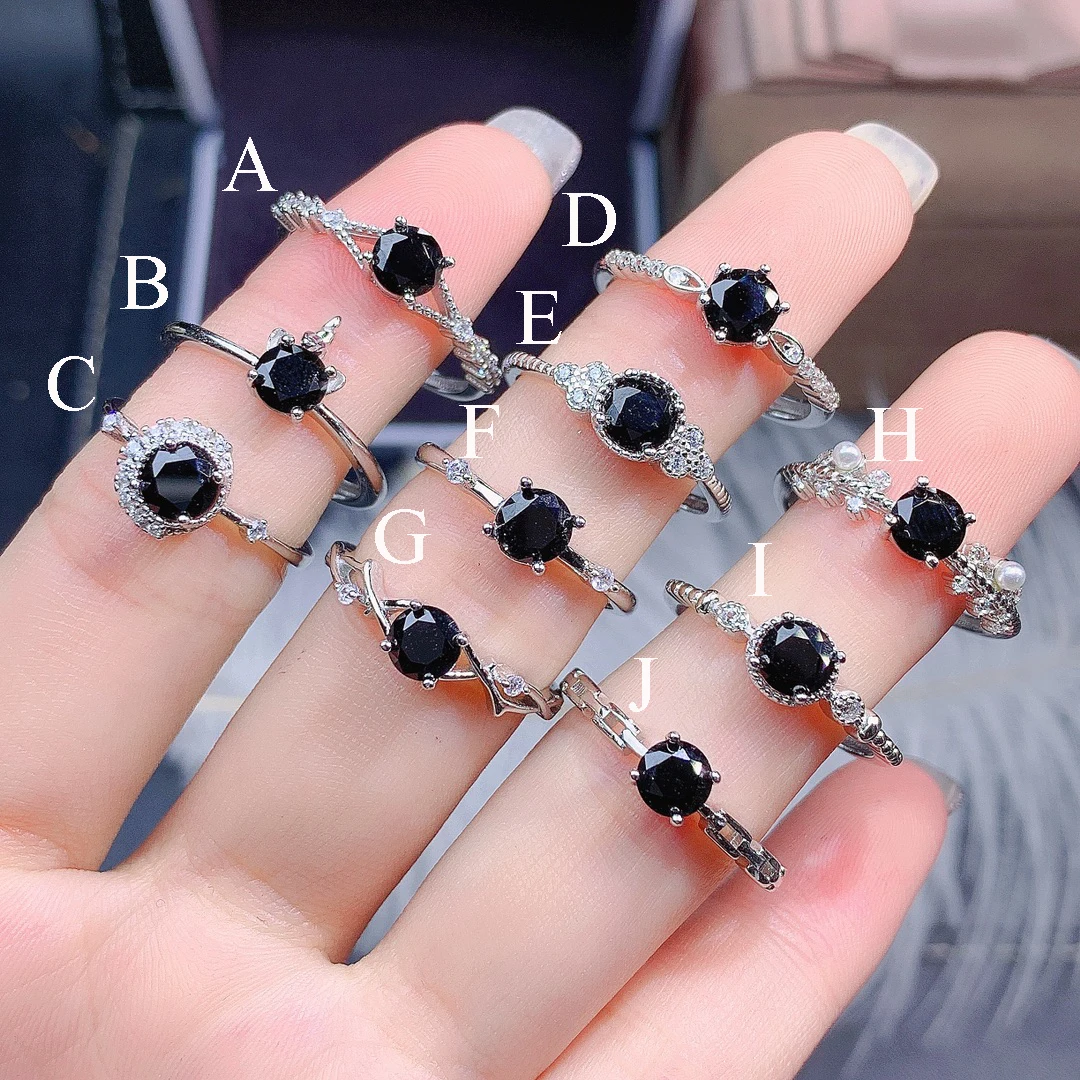 925 Sterling Silver Black Stone Rings Natural Black Spinel Engagement