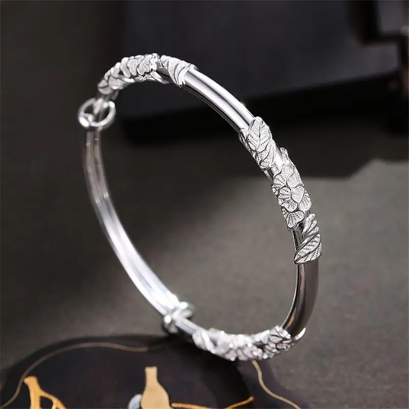 Pulsera de plata de ley 925 para mujer, brazalete con diseño original de flores florecientes, joyería de moda y boda para fiesta, regalo ajustable