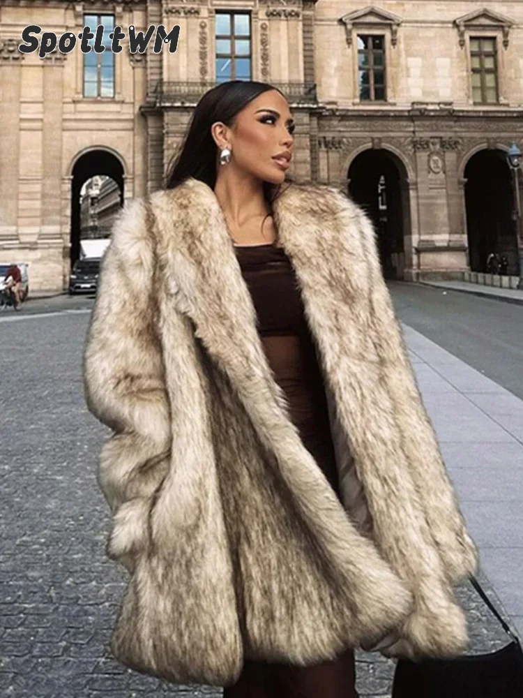 Luxurious Fashion Lapel Faux Fur Midi Coat Women Street Long