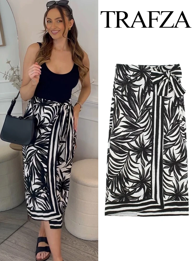 

Женская юбка в стиле бохо TRAFZA, винтажная пляжная юбка миди с бантом и разрезом, лето 2024