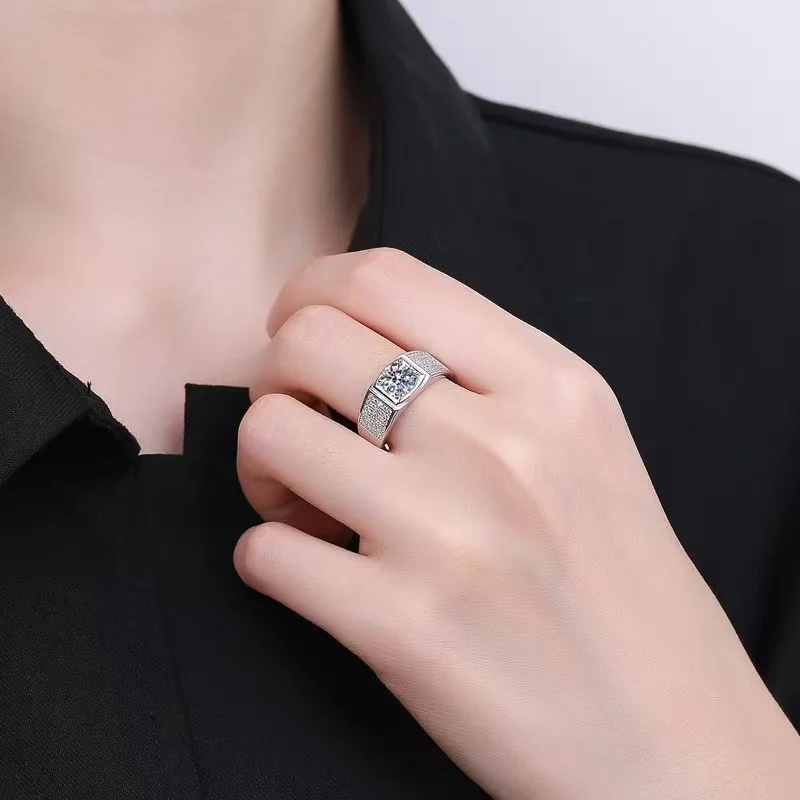 Real Solid 925 Sterling Silver Men's Ring Plated 18K White Gold D color VVS1 Diamond 1-2 Carat Moissanite Rings Luxury Jewelry 5