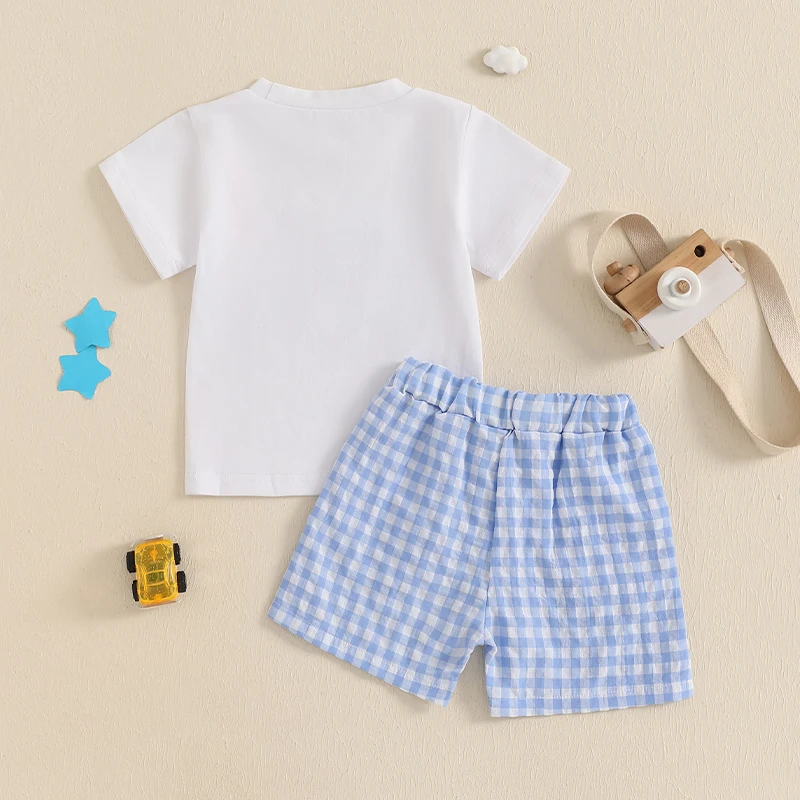 FOCUSNORM 0-3Y Infant Baby Boys Summer Clothes Sets Outfit Truck Embroidered Short Sleeve T-Shirt + Plaid Shorts