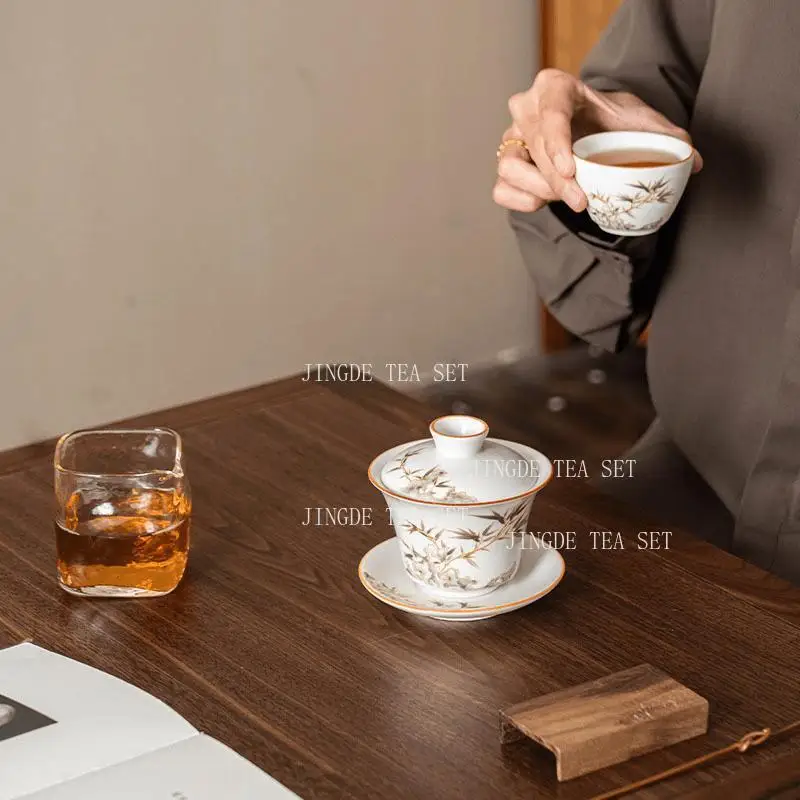 Bamboo Three Talents Bowl Cover Chinese Style Tea Bowl Household Small Capacity Tea Cup Underglaze Colored Drinking Utensils