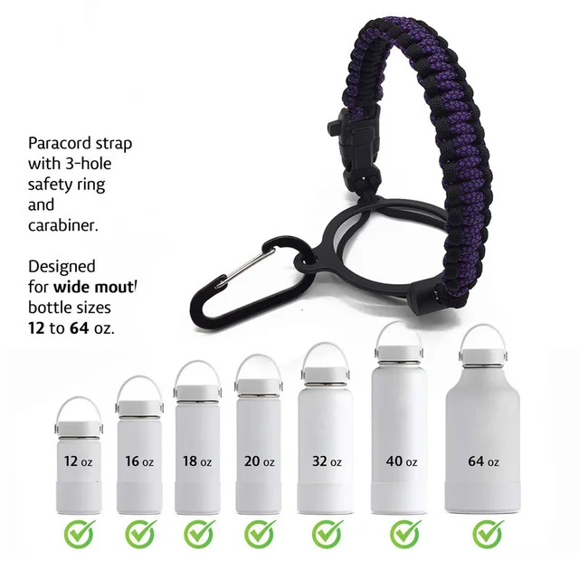 Paracord Handle For Hydro Flask Water Bottle Survival With Safety Ring  Carabiner Compass Fits Wide Mouth Bottles 12 oz to 64 oz