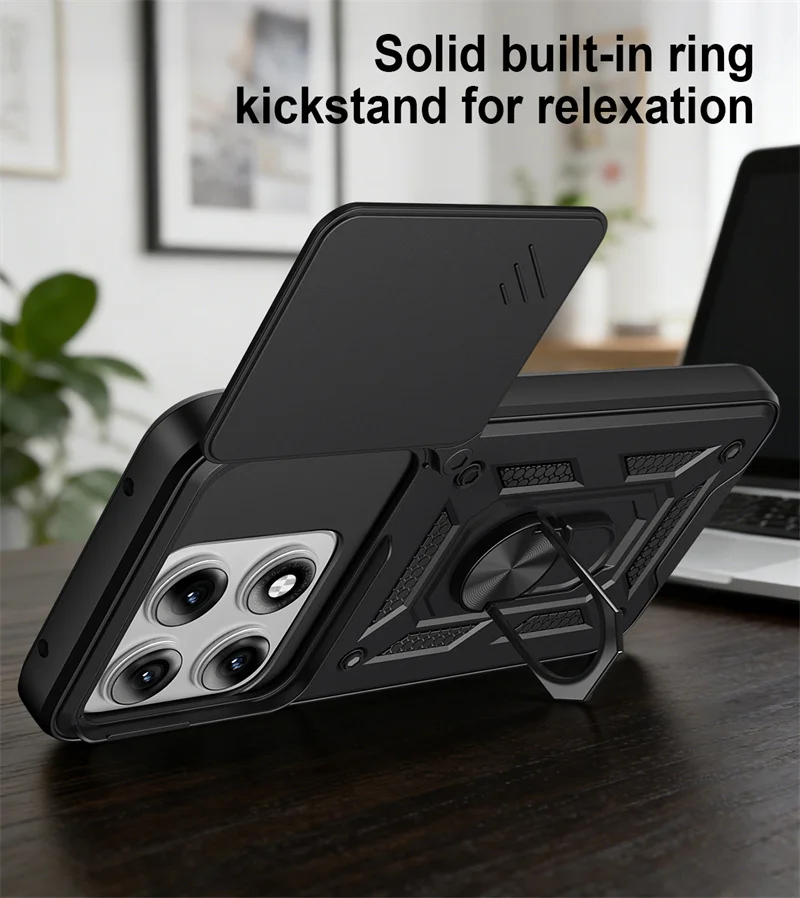 Lens Slide Armor Protection Phone Cover with Car Magnetic Ring Stand