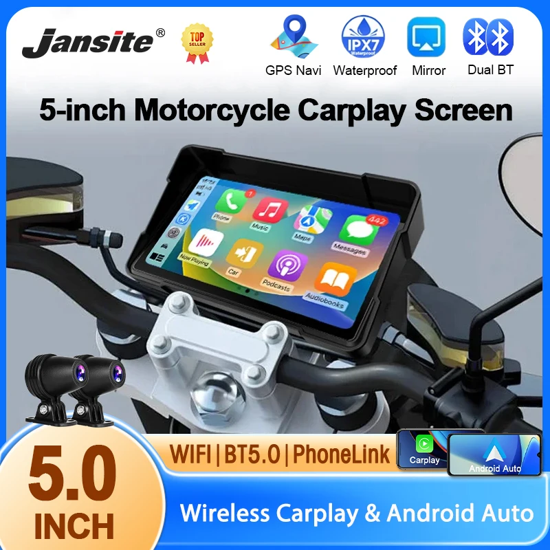 5 Inch Portable Mortorcycle Carplay Screen Wireless Carplay Android Auto GPS Navigation 1080P Dual Camera Video Recorder DVR