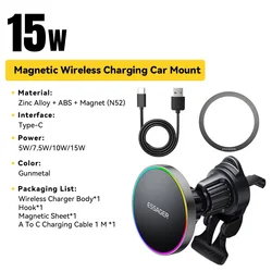 Magnetic RGB Wireless Car Charger and Phone Holder, 15W Fast Charging Stand (Air outlet type)