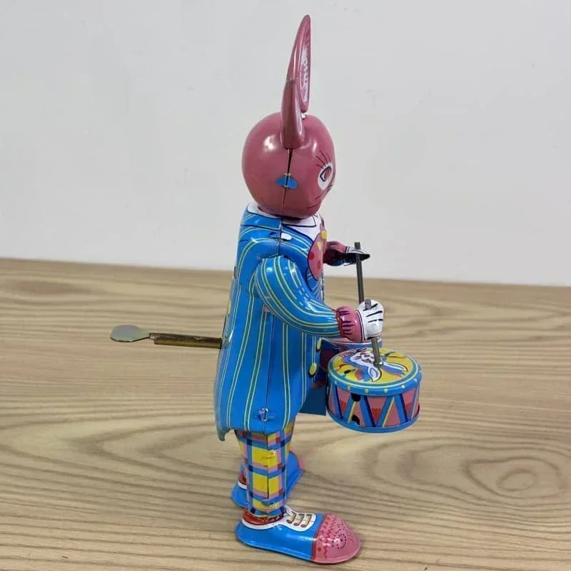 Rabbit Drum Beating Winding Toy Fun Classic Retro Clock Color Walking Tin Metal Mechanical Toy