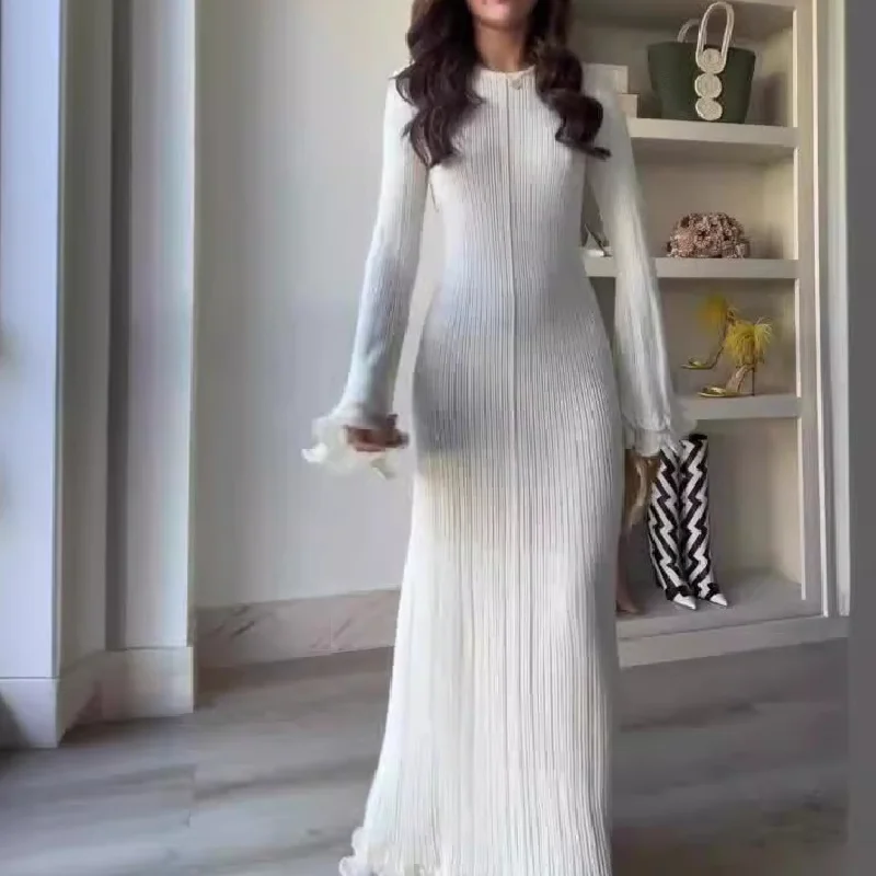 

Women Flared Sleeves Long Dress Lady Halter Backless Solid White Dresses Party Elegant Robes Streetwear 2024 NEW