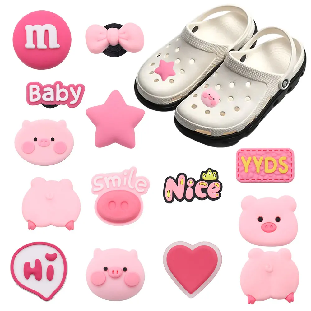 

Hot Sale 1-14pcs PVC Shoe Charms Pink Cute Pig Star Love Heart Accessories Sandals Shoes Decorations For Kids X-mas Gift