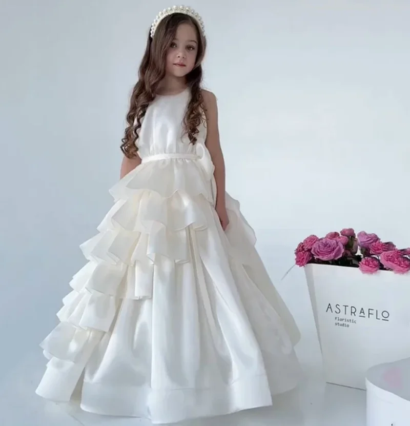 

White Elegant Flower Girl Dress For Wedding Satin Layered Puff Kids Birthday Party Dress Girls Customized First Communion Gowns