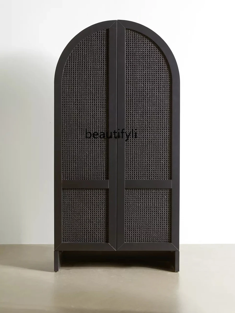 

French Retro Rattan Wardrobe American Solid Wood Bookcase Small Apartment Side Cabinet Model