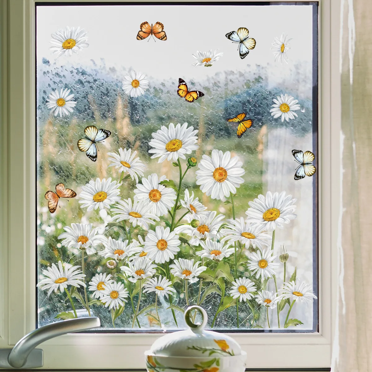 Fresh Daisy Window Stickers Electrostatic Stickers Butterfly Decorations Adhesive Free Double-sided Printing Window