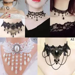 1PCS Gothic Victorian Black Lace Necklace Women Girl Crystal Tassel Sexy Lace Choker Steampunk Dark Loli Style Halloween Jewelry