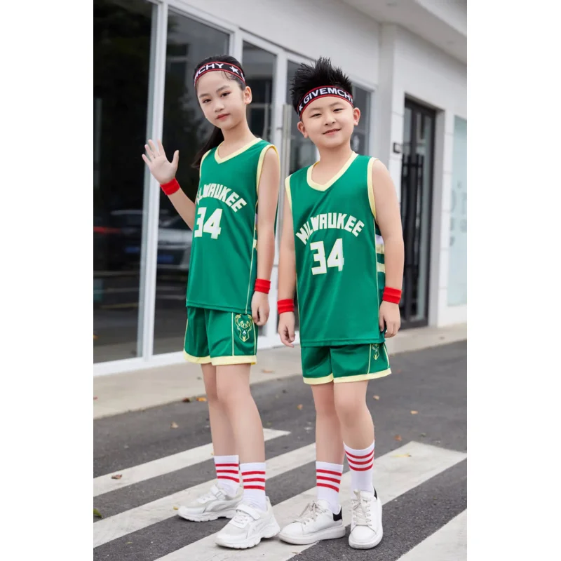 

23/24 boy girl NBA Basketball Jerseys Children's uniform set primary school jersey uniform training vest Bucks Green No. 34