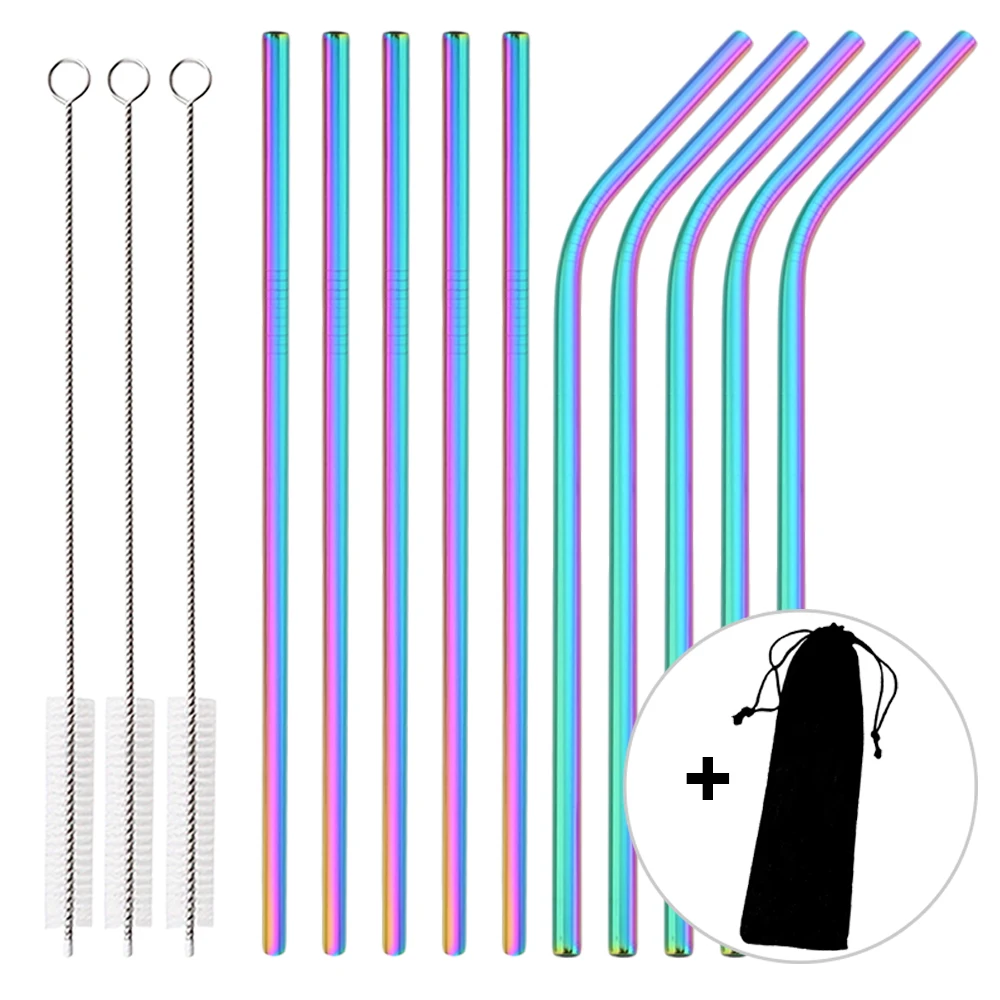 Elegant Rose Gold Reusable Stainless Steel Straw Set with Cleaning Brush - 14 Piece Home and Bar Collection