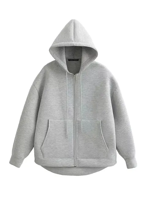 HH Autumn Women Gray Jacket With Hood Long Sleeve Big Pocket Zipper Jacket Coat Woman Loose Casual Outerwear Coat Tops 1