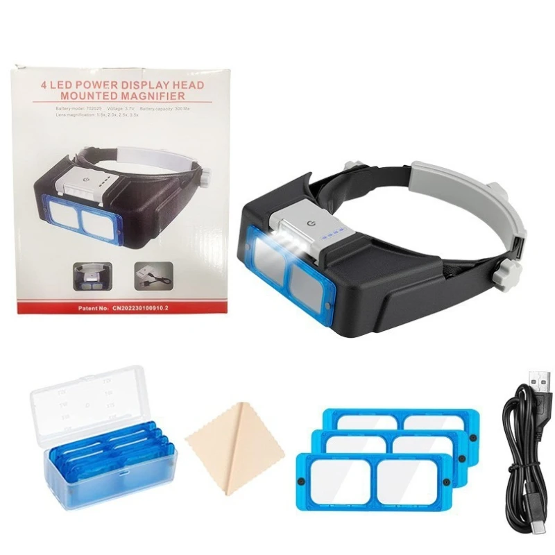 헤드 장착형 전문가용 USB 충전식 확대경 1.5배 2배 2.5배 3.5배 확대경 4LED 조명 확대경 시계 수리용