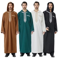 TH847 Men's Muslim Middle Eastern Men Long Sleeves Hooded Emboridery Zipper Robe  Jubba Thobe