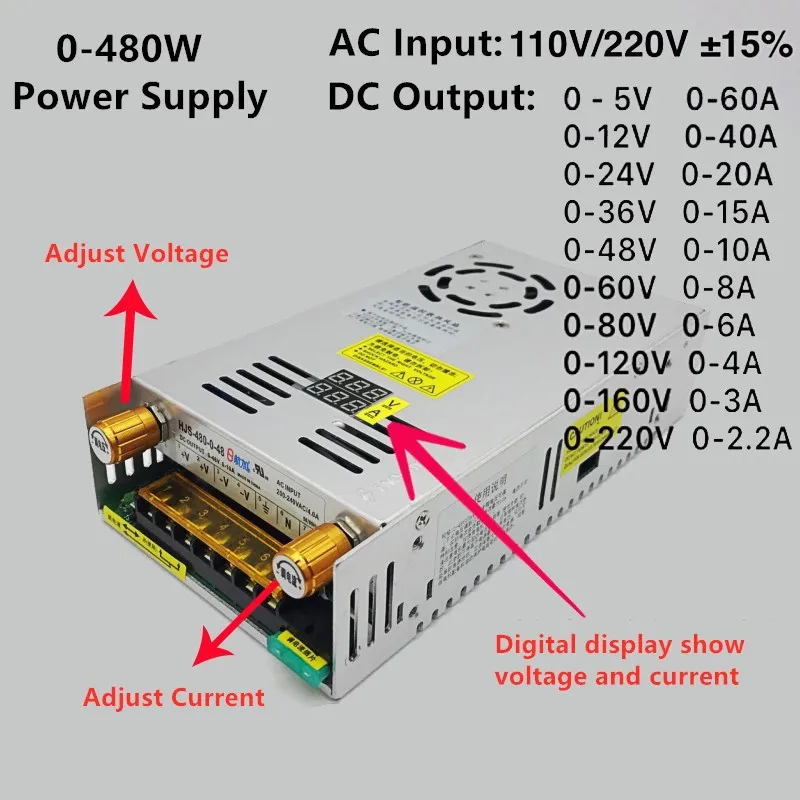 AC DC 5V 12V 24V 36V 48V regulowany zasilacz 60V 80V 120V 160V 220V